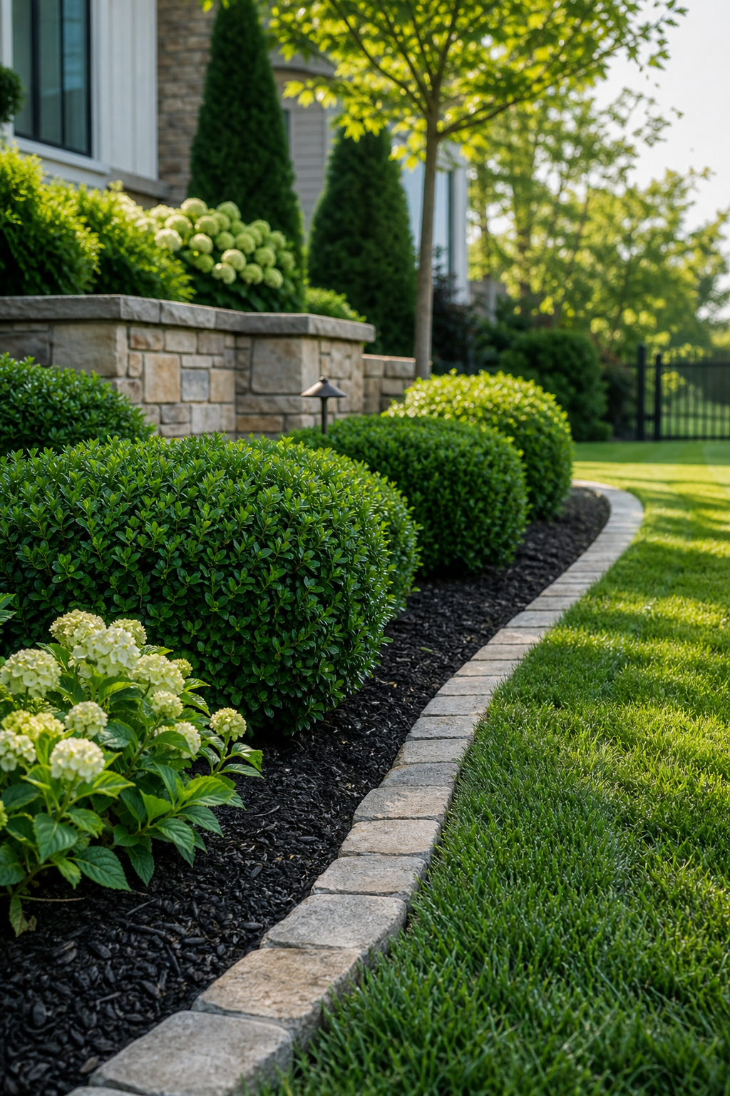 Close view of a professionally maintained Maryland landscape with trimmed hedges, clean natural stone edging, and a lush green lawn