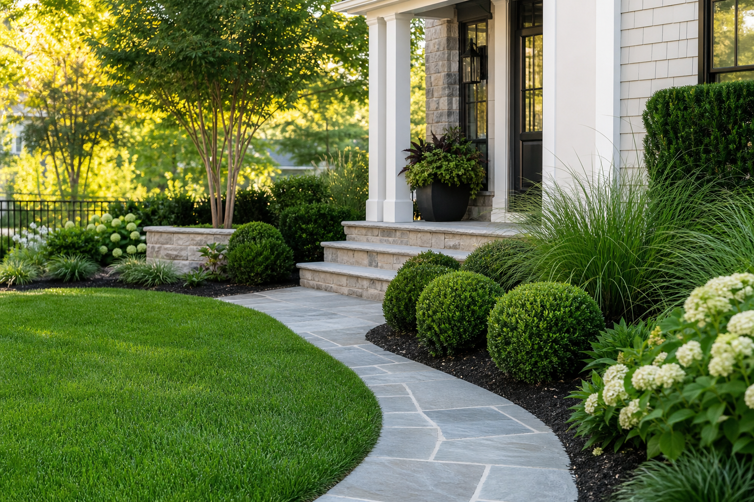 Refined Maryland residential landscaping detail with manicured lawn, stone path, and sculpted greenery
