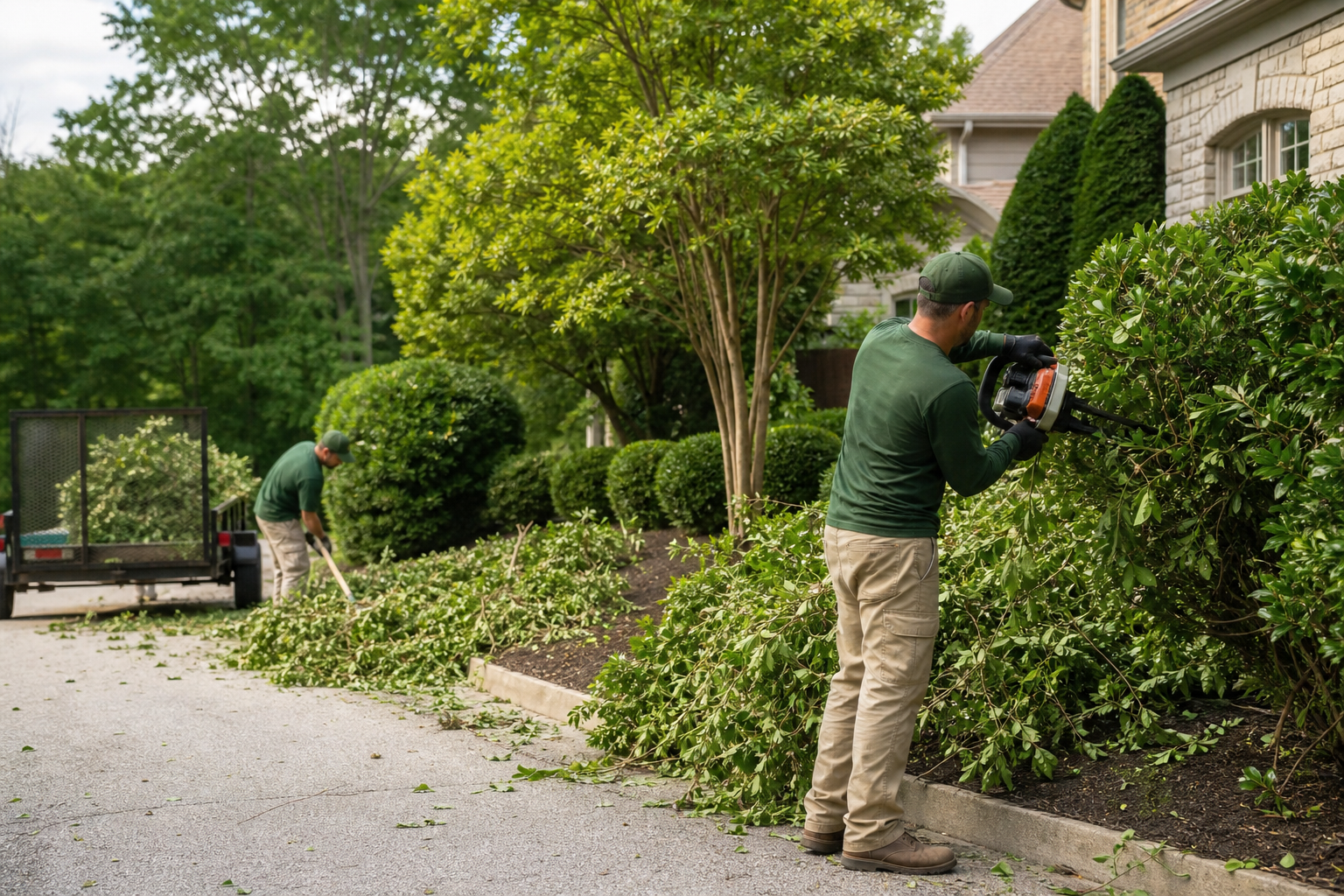 Landscaping team removing dense overgrown bushes near a driveway
