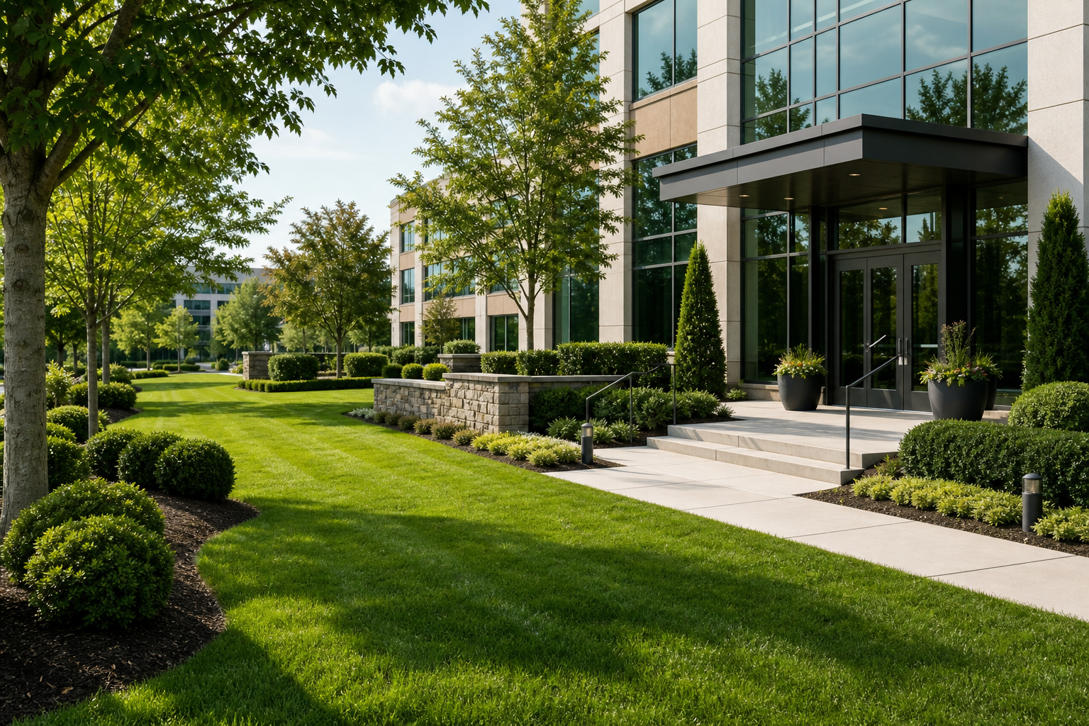 Neatly maintained commercial office frontage with trimmed shrubs and green turf