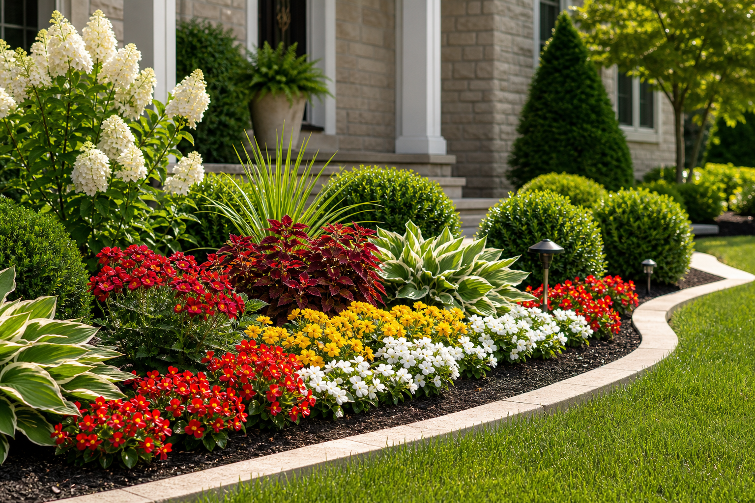 Newly planted flower bed with layered blooms and edging in front of a home