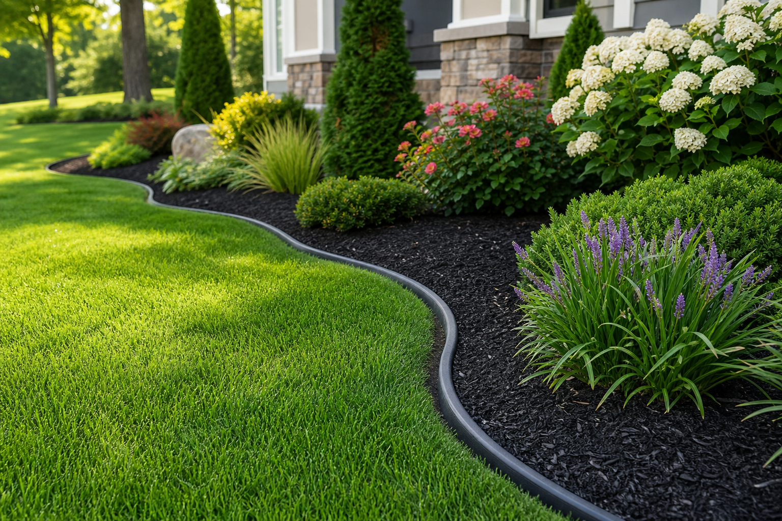 Crisp curved garden bed edging separating lawn from dark mulch and plantings