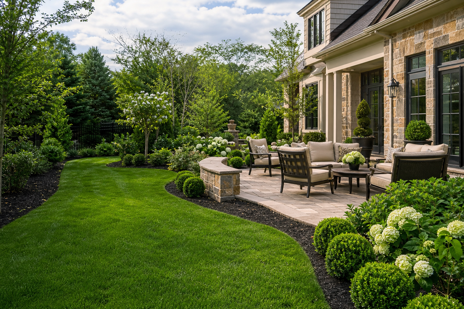 Healthy green lawn beside a refined stone patio with manicured shrubs at a premium Maryland home