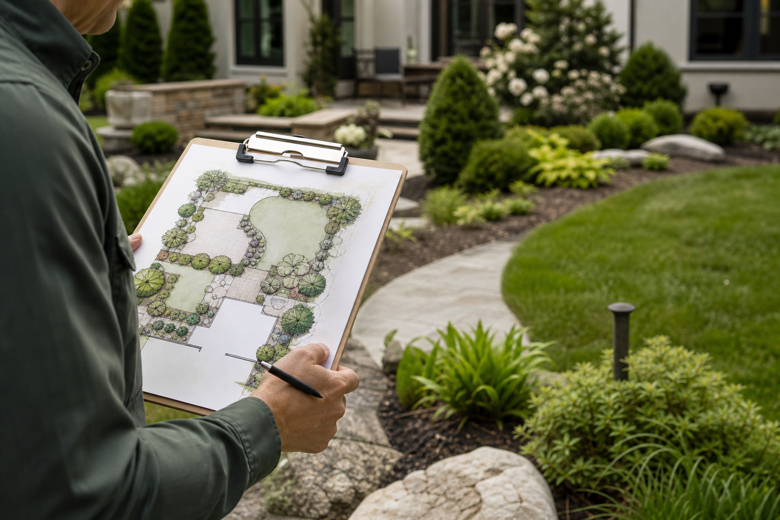 Landscape designer presenting a site plan with planting layout and outdoor living zones