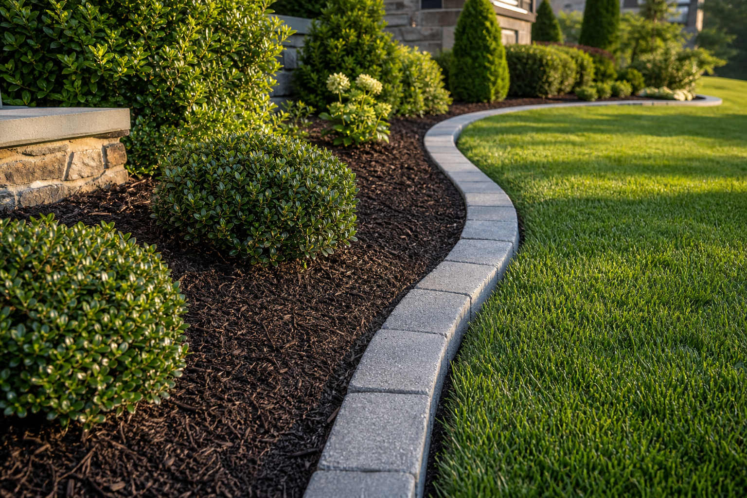 Close-up of crisp stone edging around a healthy green lawn with freshly mulched planting beds