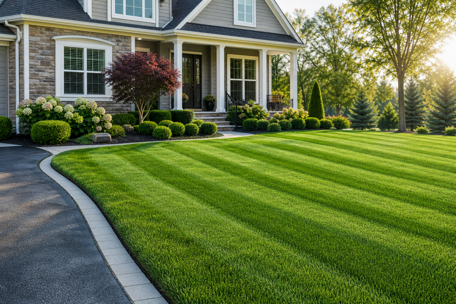 Healthy striped green lawn in front of a well-kept suburban home