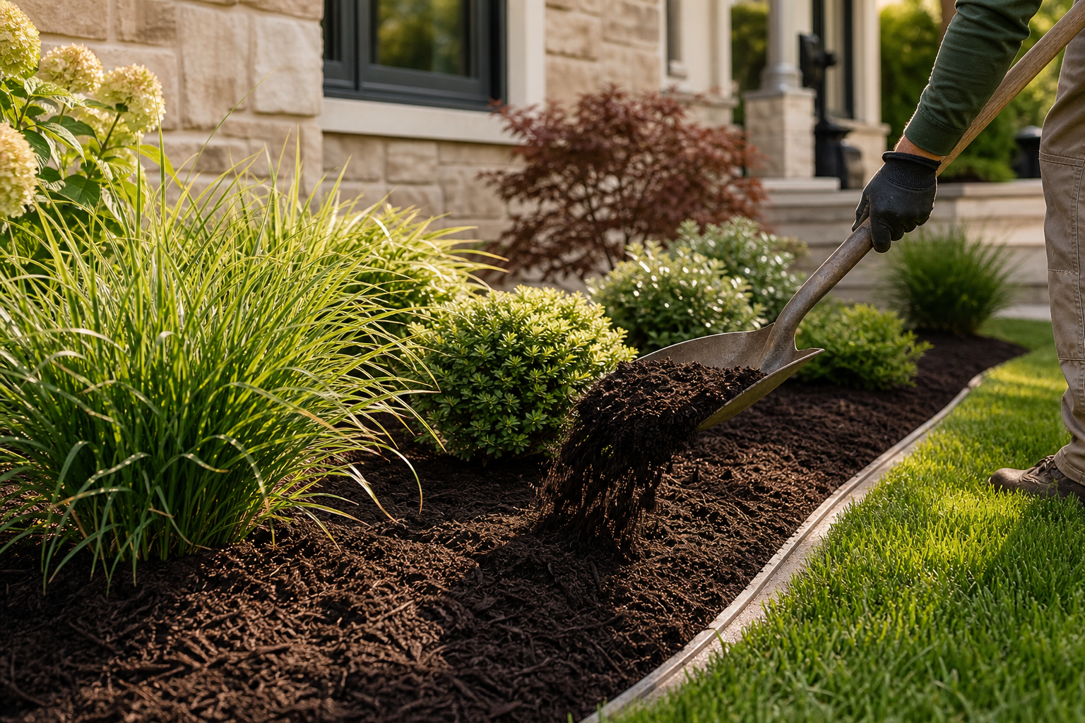 Fresh dark-brown mulch being installed around ornamental plants in a clean landscape bed