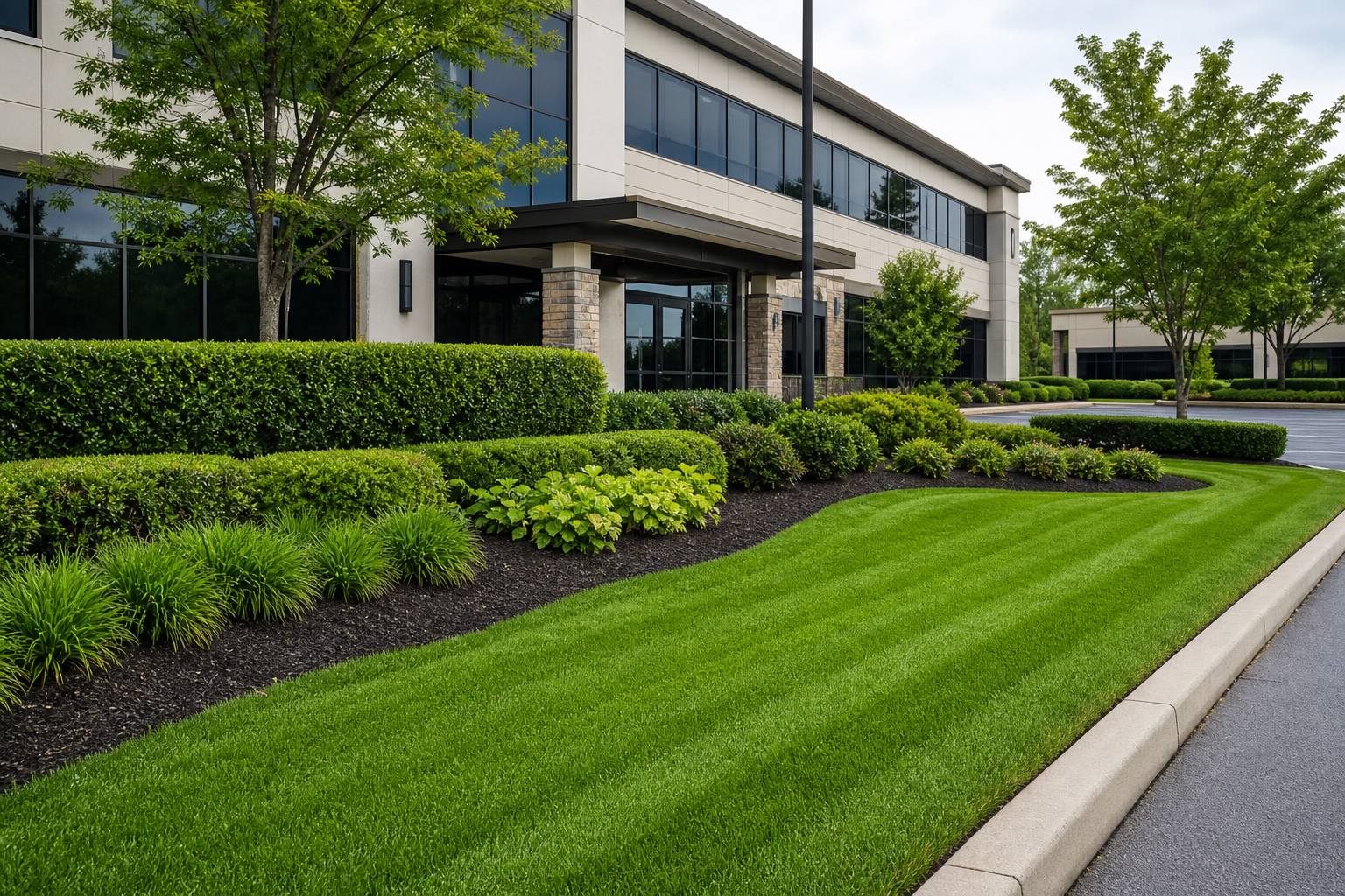 Commercial property entry refreshed with manicured bright lawn, clipped shrubs, and precise mulch bed lines