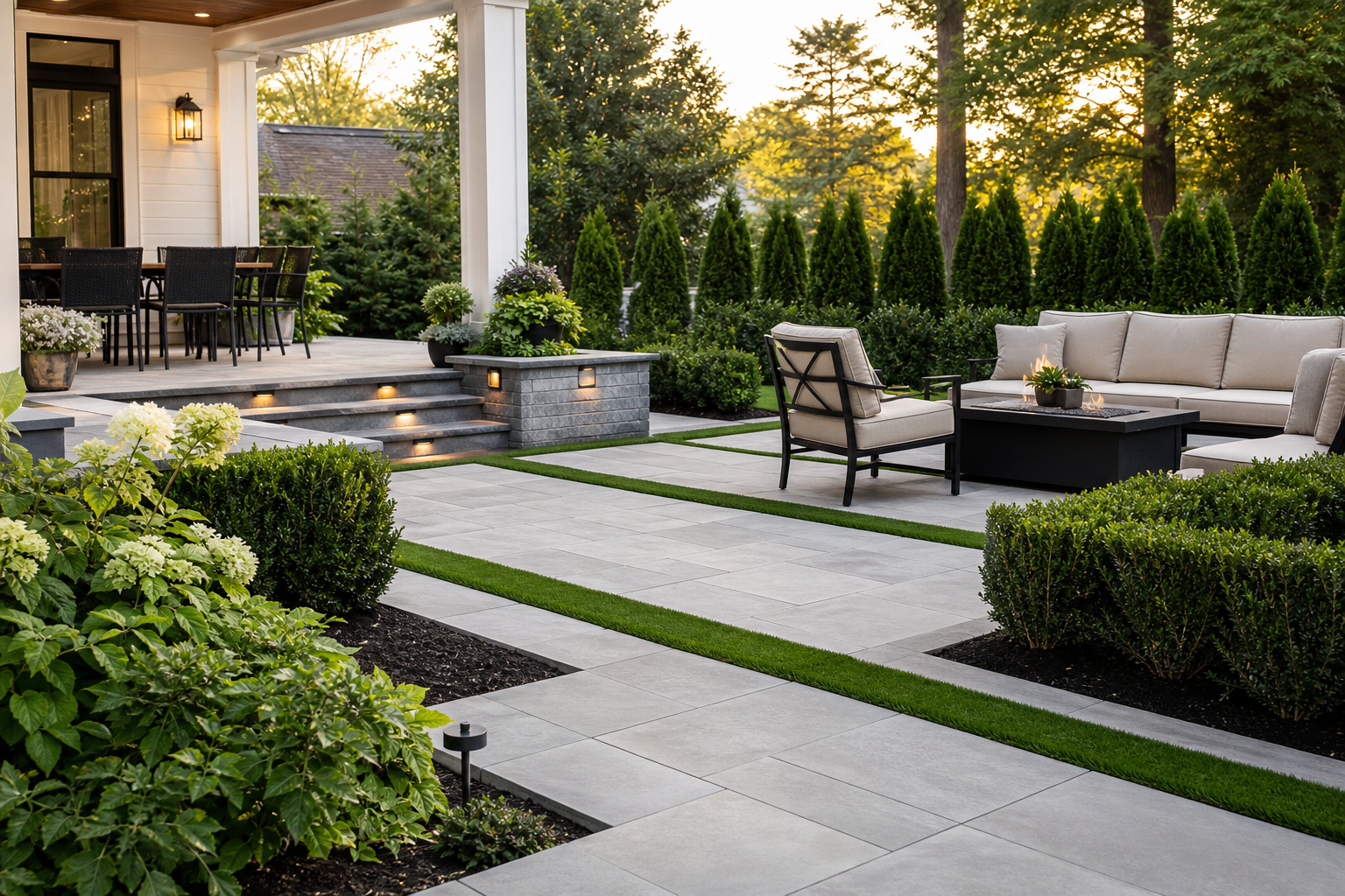 Refined backyard patio landscaping with deep green turf strips, clean paver geometry, and structured border plantings