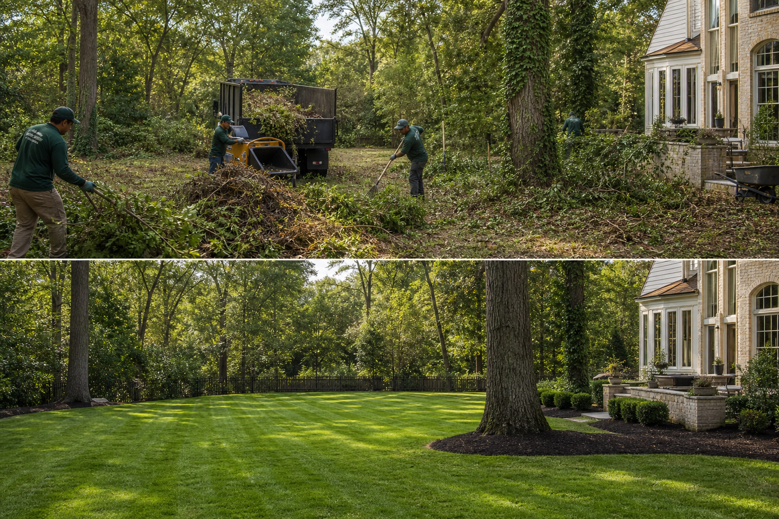 Cleanup crew clearing leaves and overgrowth from a large residential yard