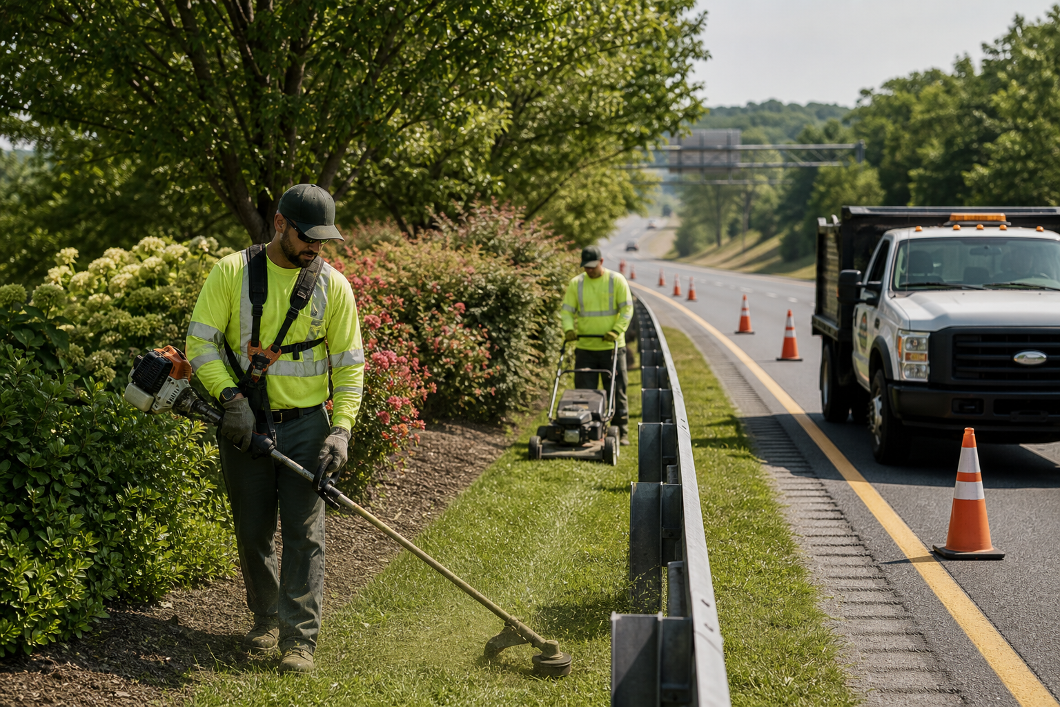 Professional roadside maintenance crew mowing and trimming along a clean Maryland highway shoulder with safety cones and service truck