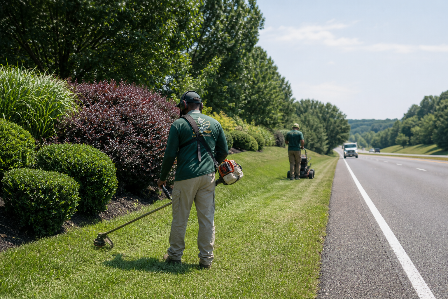 Roadside maintenance crew trimming vegetation and mowing highway shoulder in Maryland
