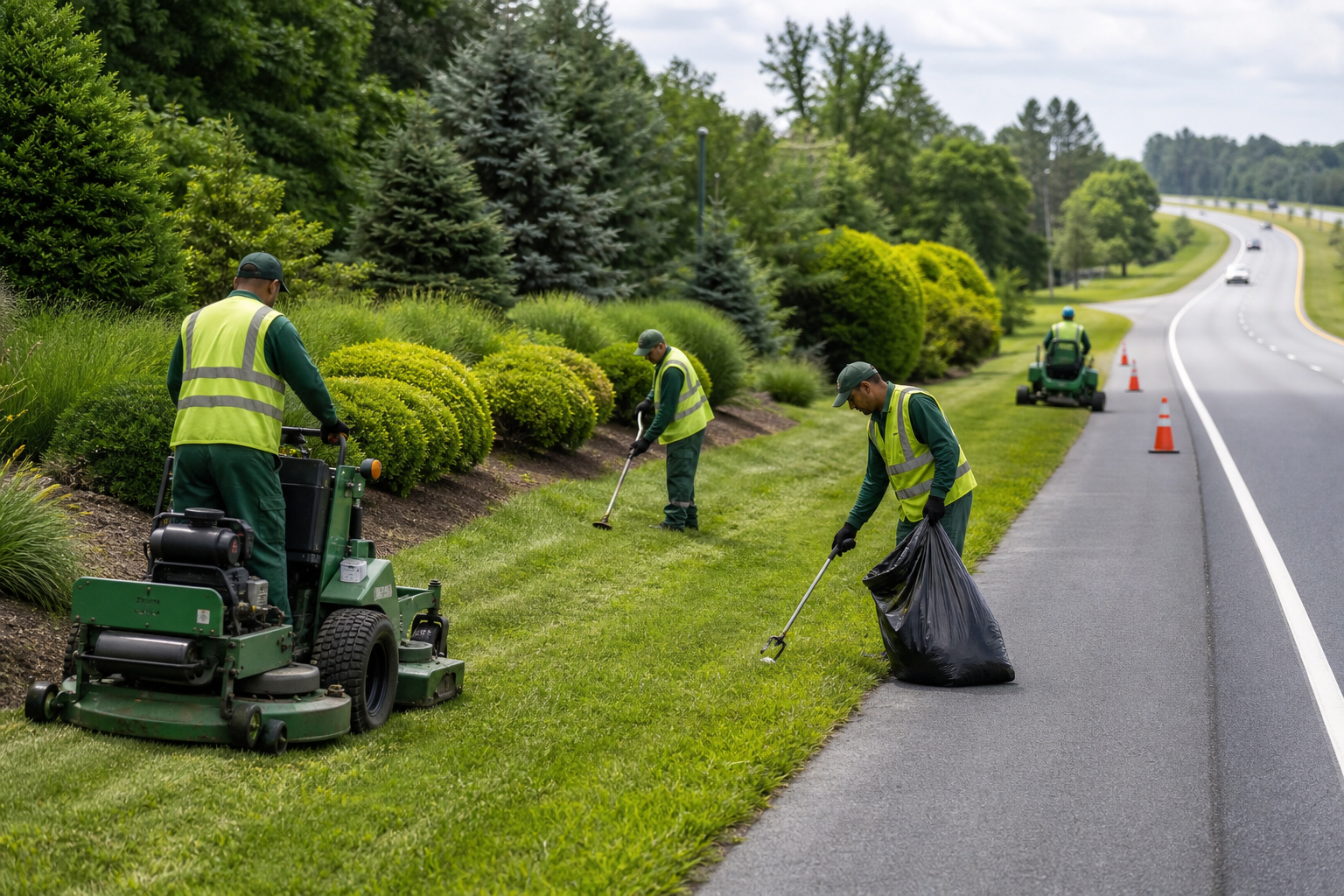 Professional roadside maintenance crew mowing highway shoulders and clearing litter along a clean county roadway