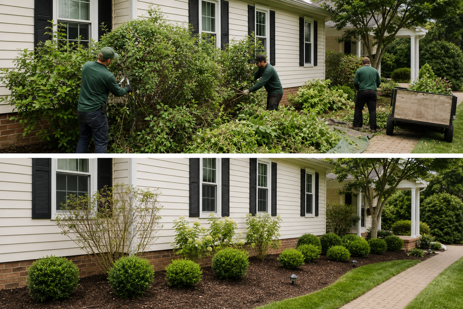 Crew removing overgrown bushes to clear and refresh front landscape