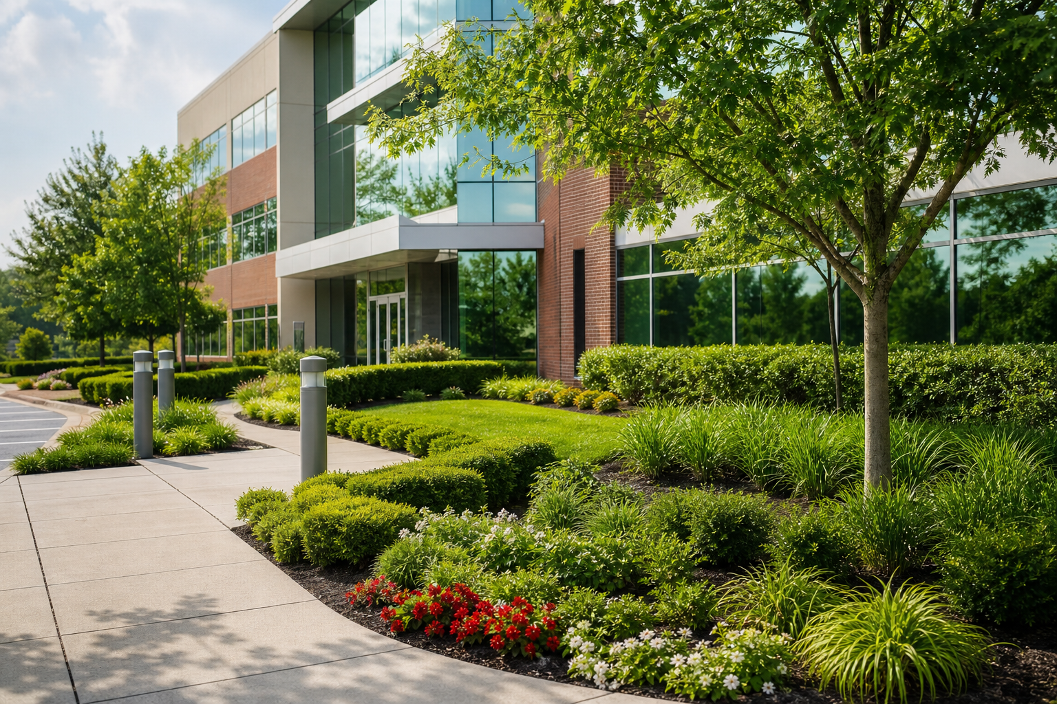 Professionally maintained commercial property landscaping around office building