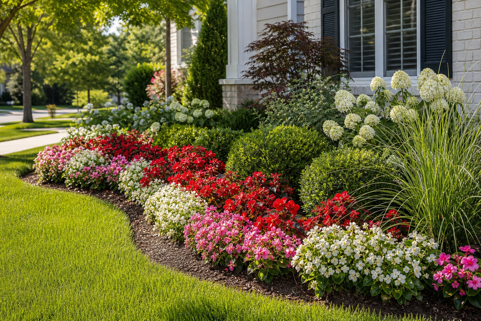 Colorful newly installed flower bed with layered seasonal blooms