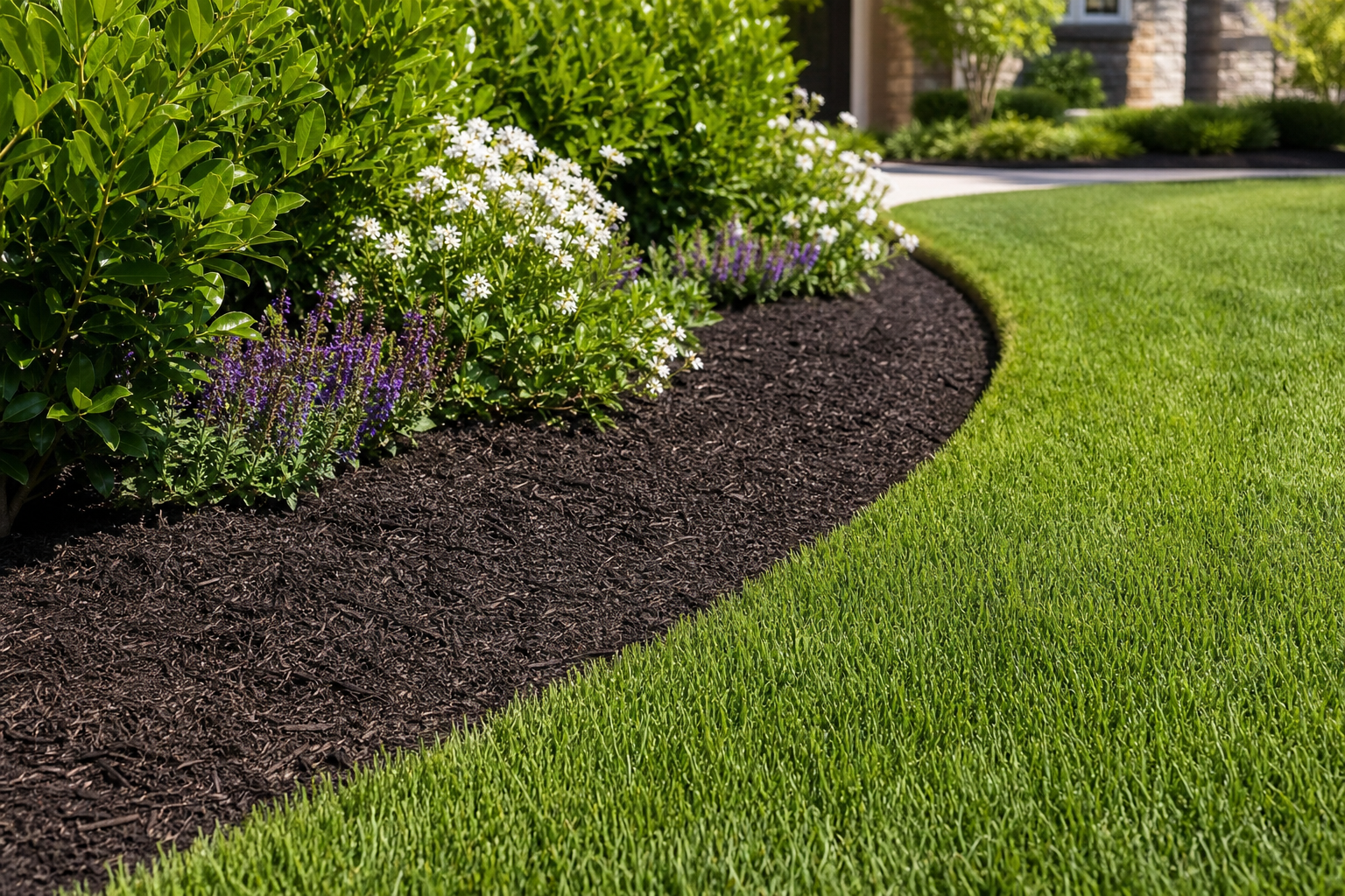 Defined garden bed edging line separating lawn and planting area