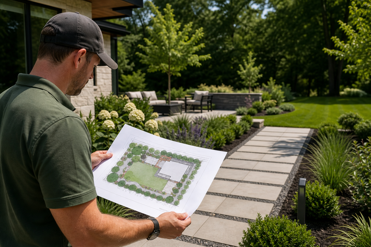 Landscape designer reviewing an outdoor plan with hardscape and planting zones