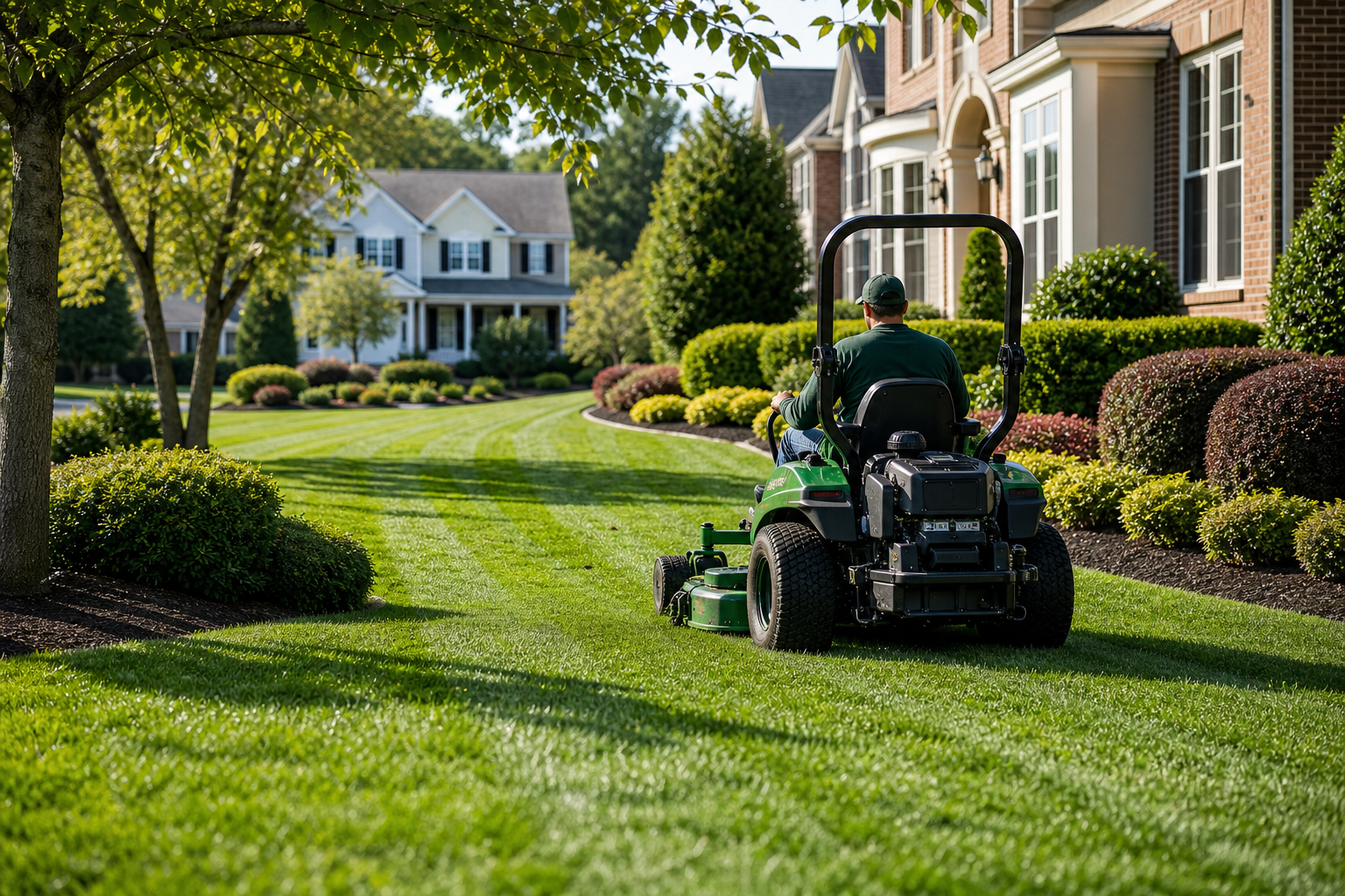 Freshly striped green lawn being professionally maintained