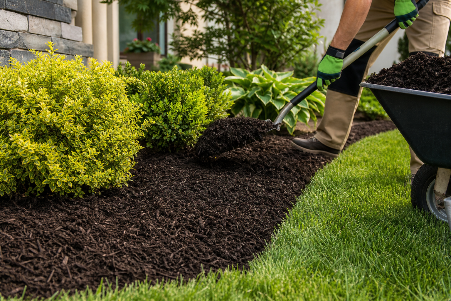 Fresh dark mulch installed neatly around planting beds