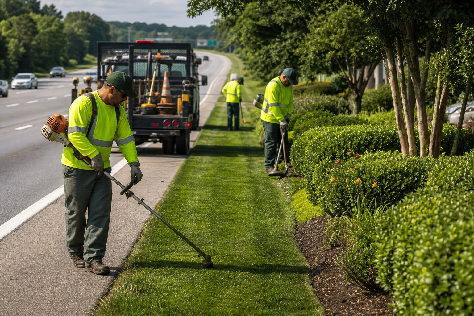Professional crew maintaining roadside and highway landscape areas with trimmed turf and clean medians