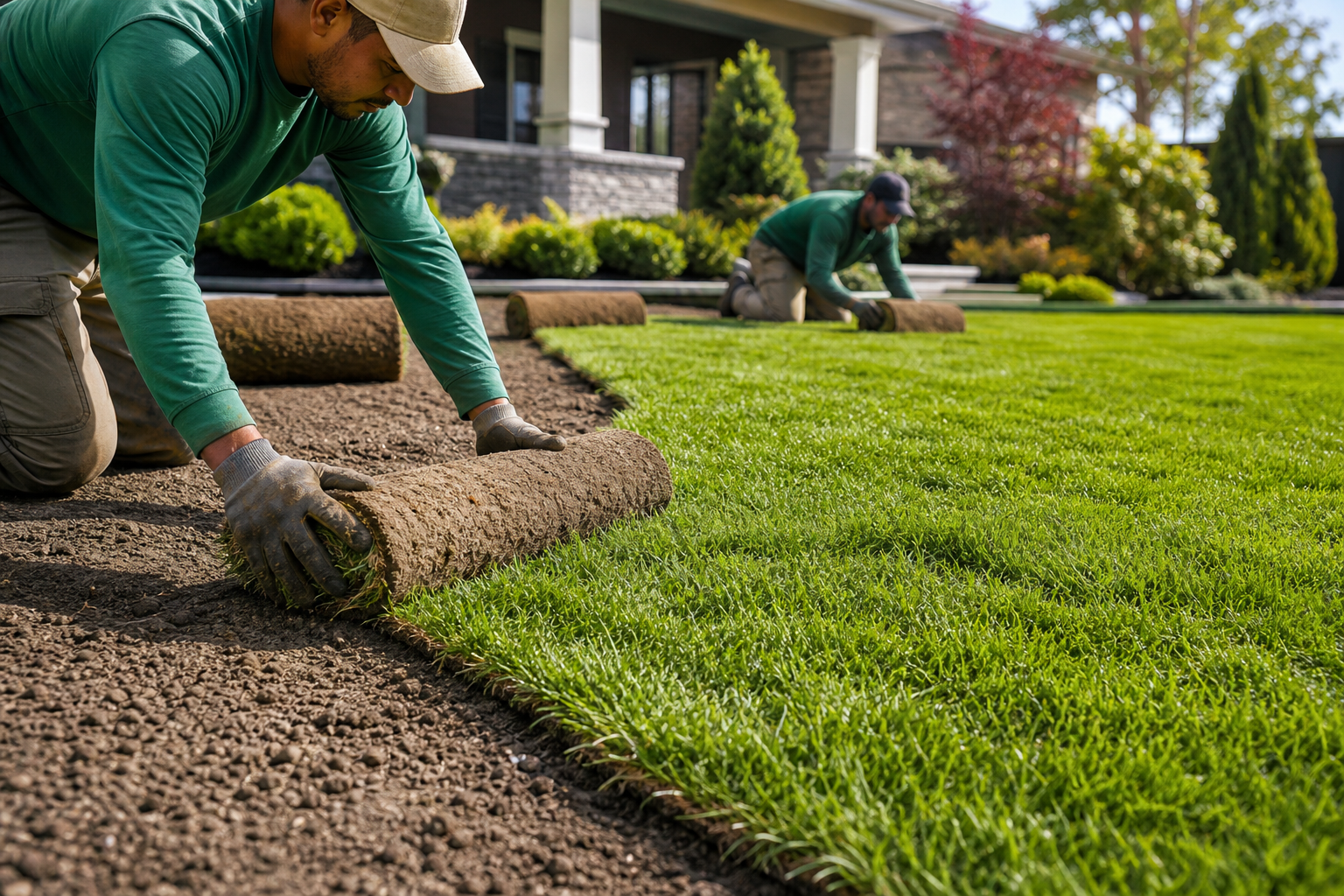Fresh sod rolls installed on a prepared residential lawn