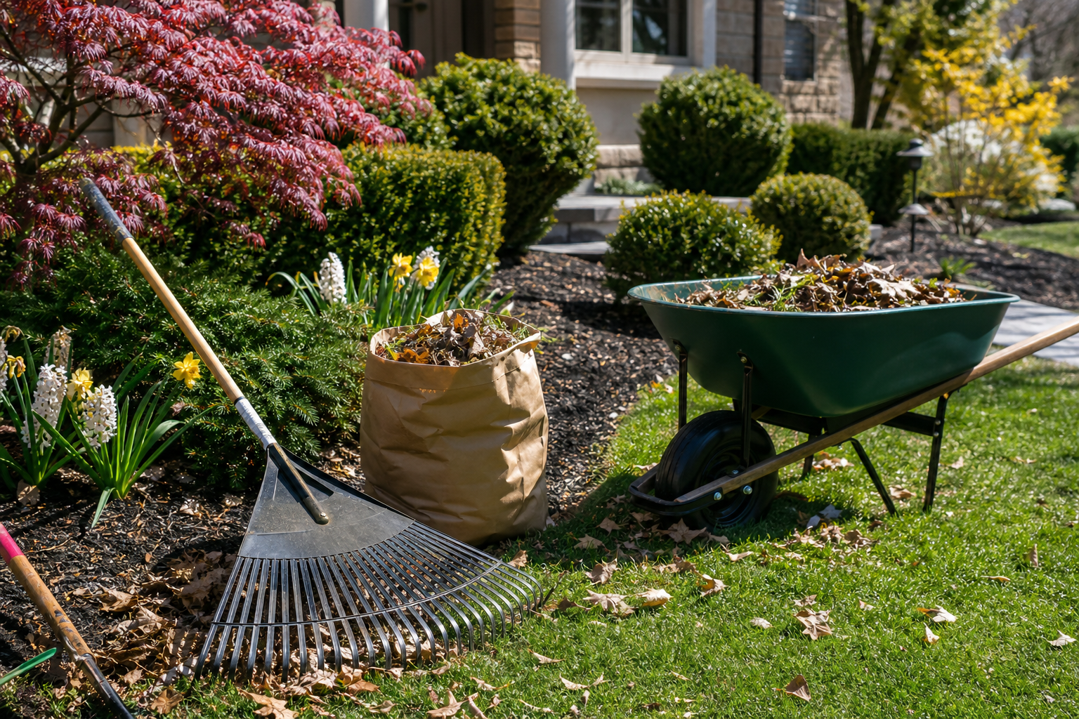 Seasonal yard cleanup with leaves and debris removed from planting beds