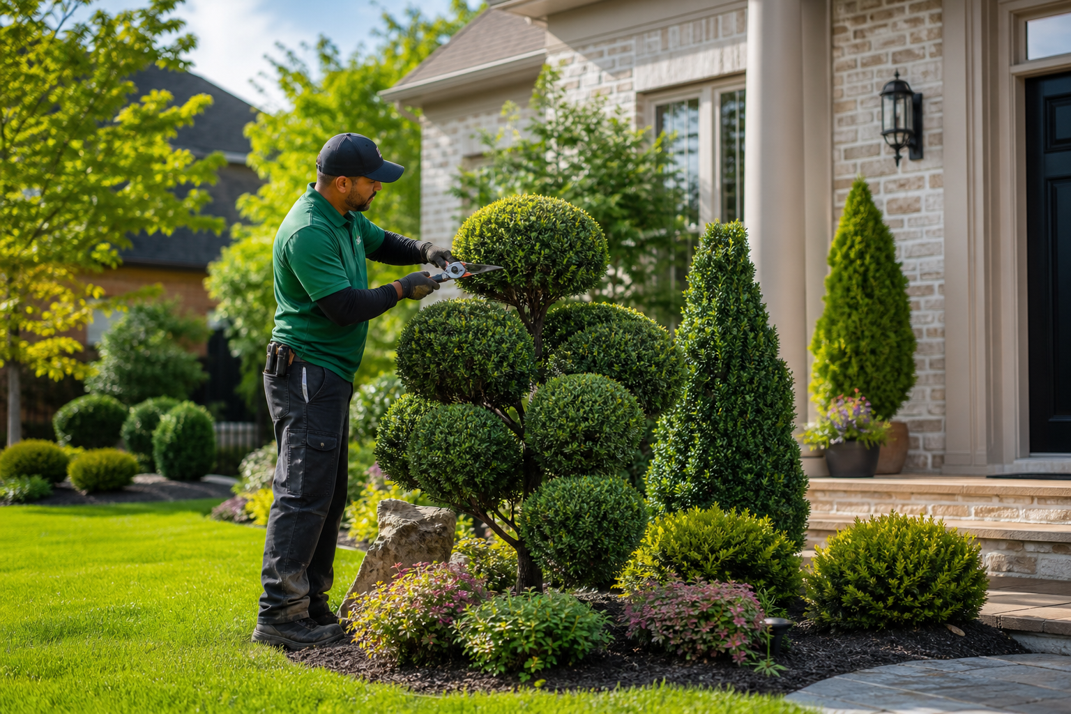 Professional trimming of ornamental shrubs and trees in a landscaped yard