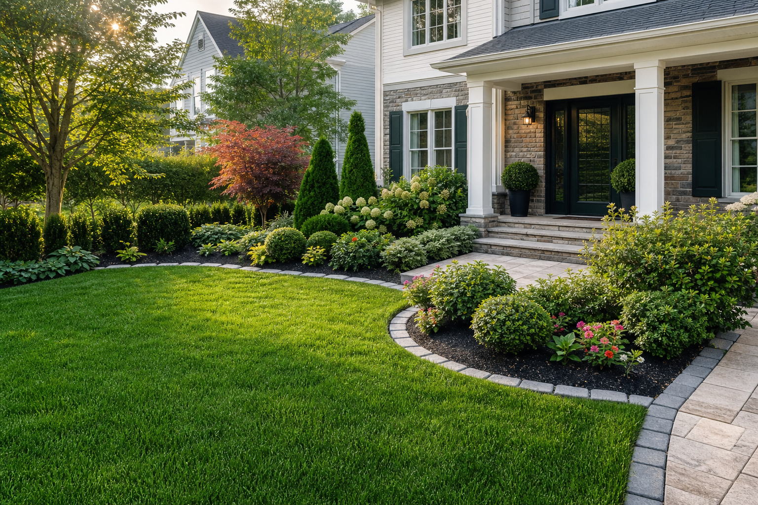After view of the same property with dense emerald lawn, shaped planting beds, and crisp stone-edged borders