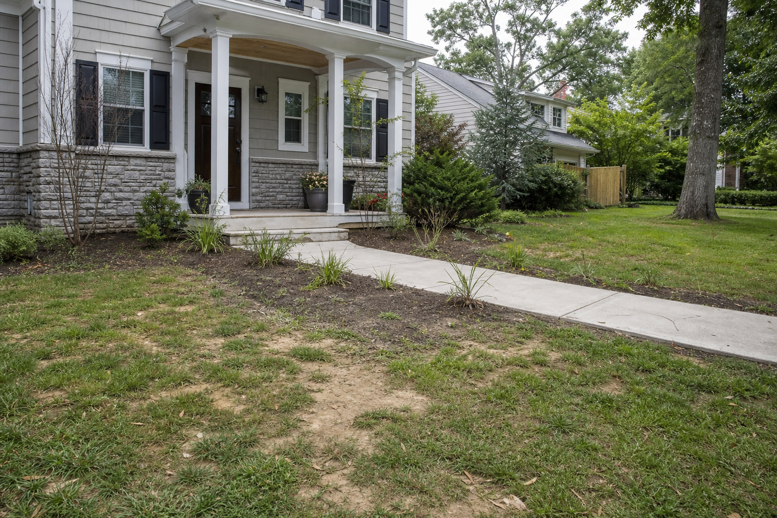 Before view of a Maryland front lawn with patchy grass, exposed soil areas, and sparse planting near the walkway
