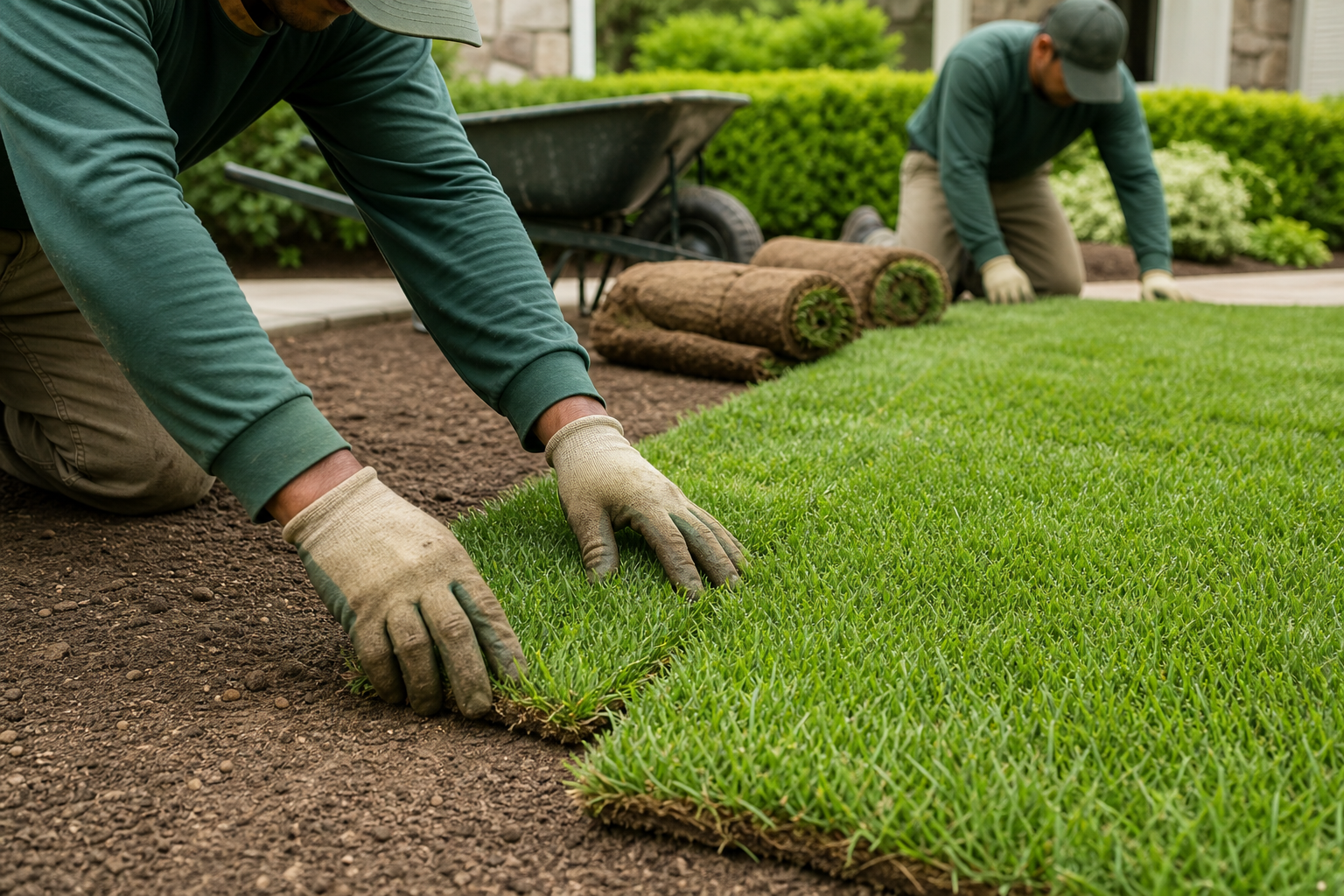 Fresh rolls of sod being installed into a smooth bright green lawn area