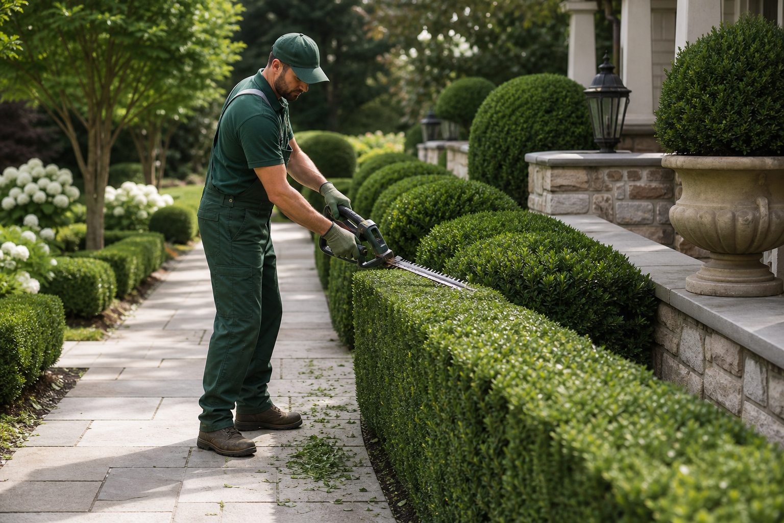 Professional crew trimming sculpted evergreen shrubs along a residential walkway