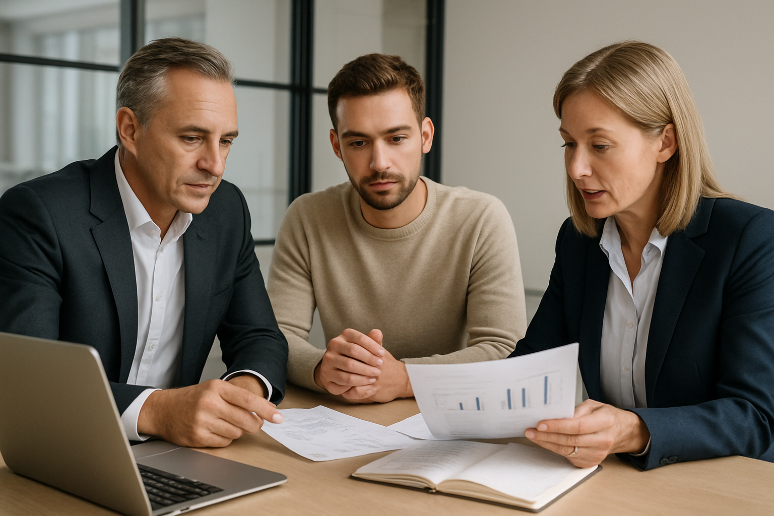 Professional advisory meeting with two consultants reviewing growth plans with a startup founder in a modern London office