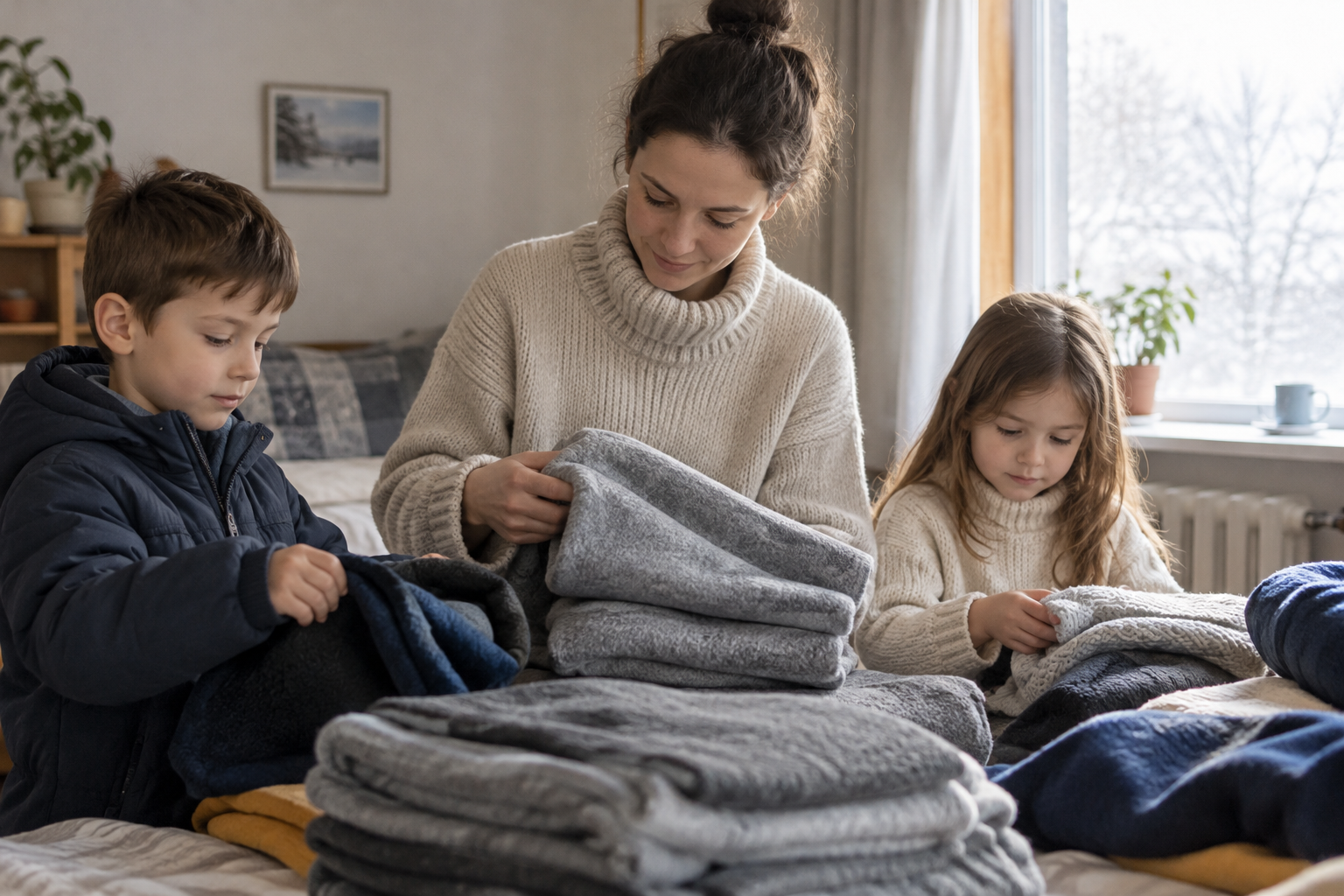 A mother and two children sort folded winter blankets and warm layers in a modest, naturally lit Ukrainian home.