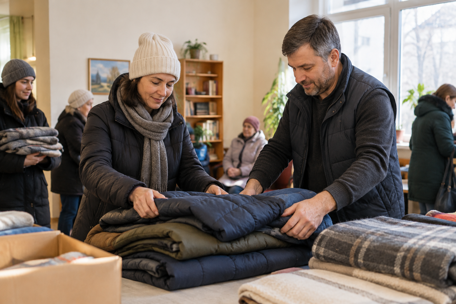 Two local adults arrange neatly folded coats and blankets on a table in a welcoming shared community room.