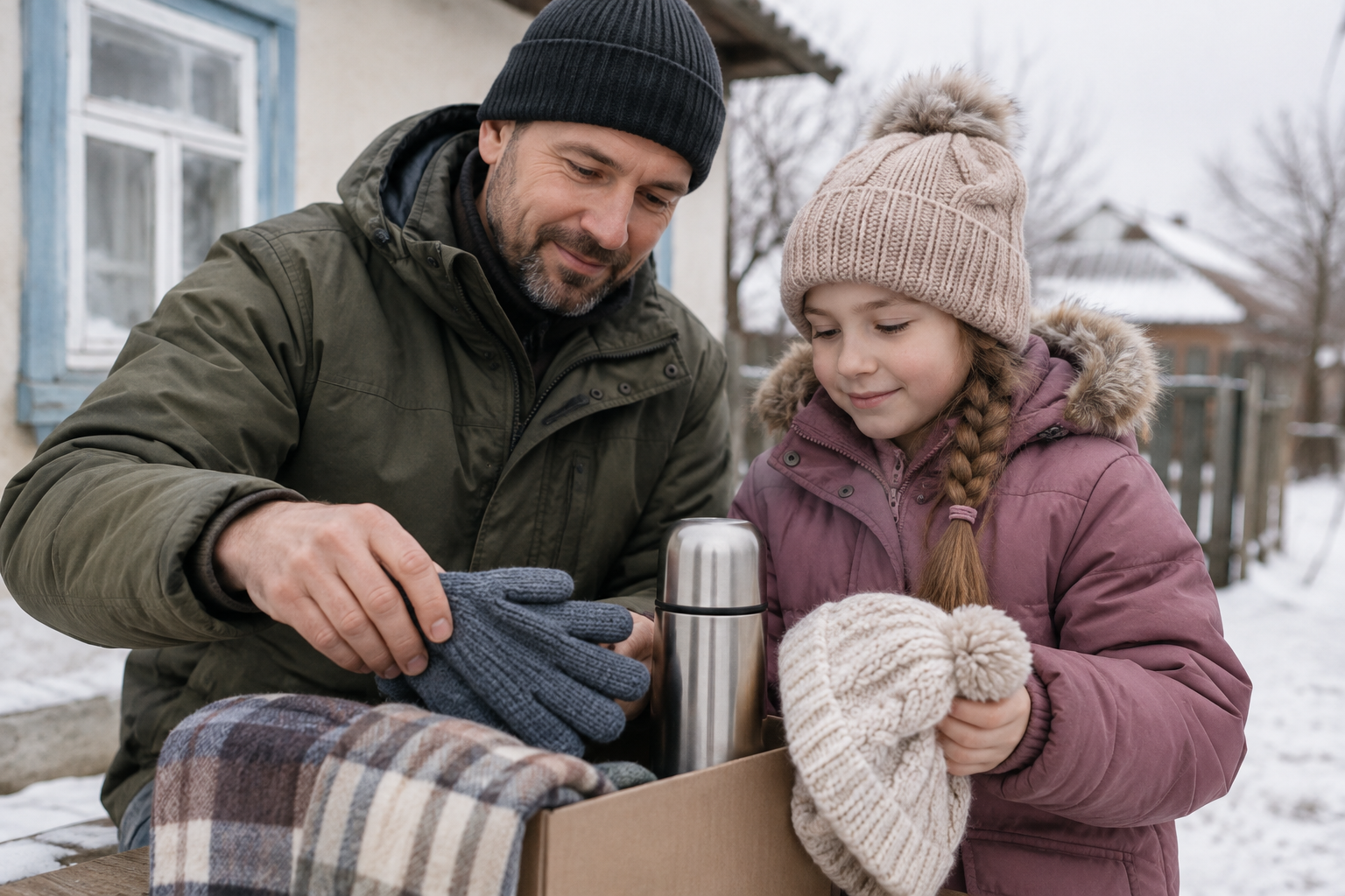 A father and his school-age child arrange a winter kit with warm gloves, a knit hat, and a flask near a village home.