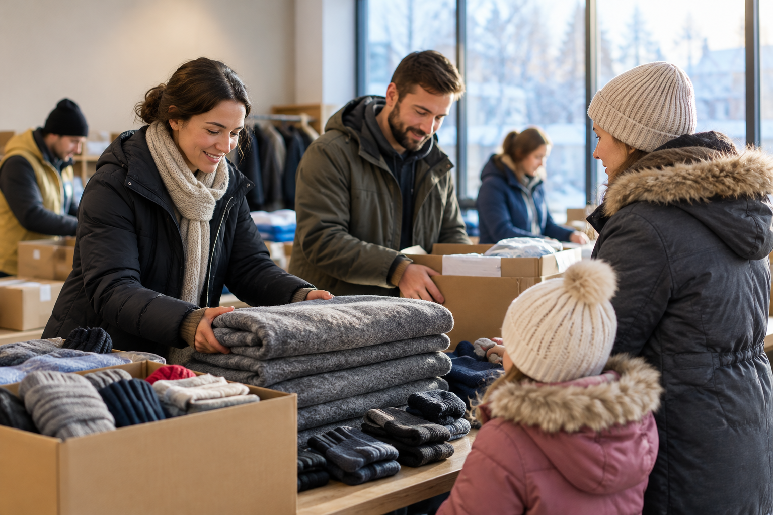 Community volunteers in Ukraine carefully preparing warm winter clothing and supply boxes for families at a local distribution point.
