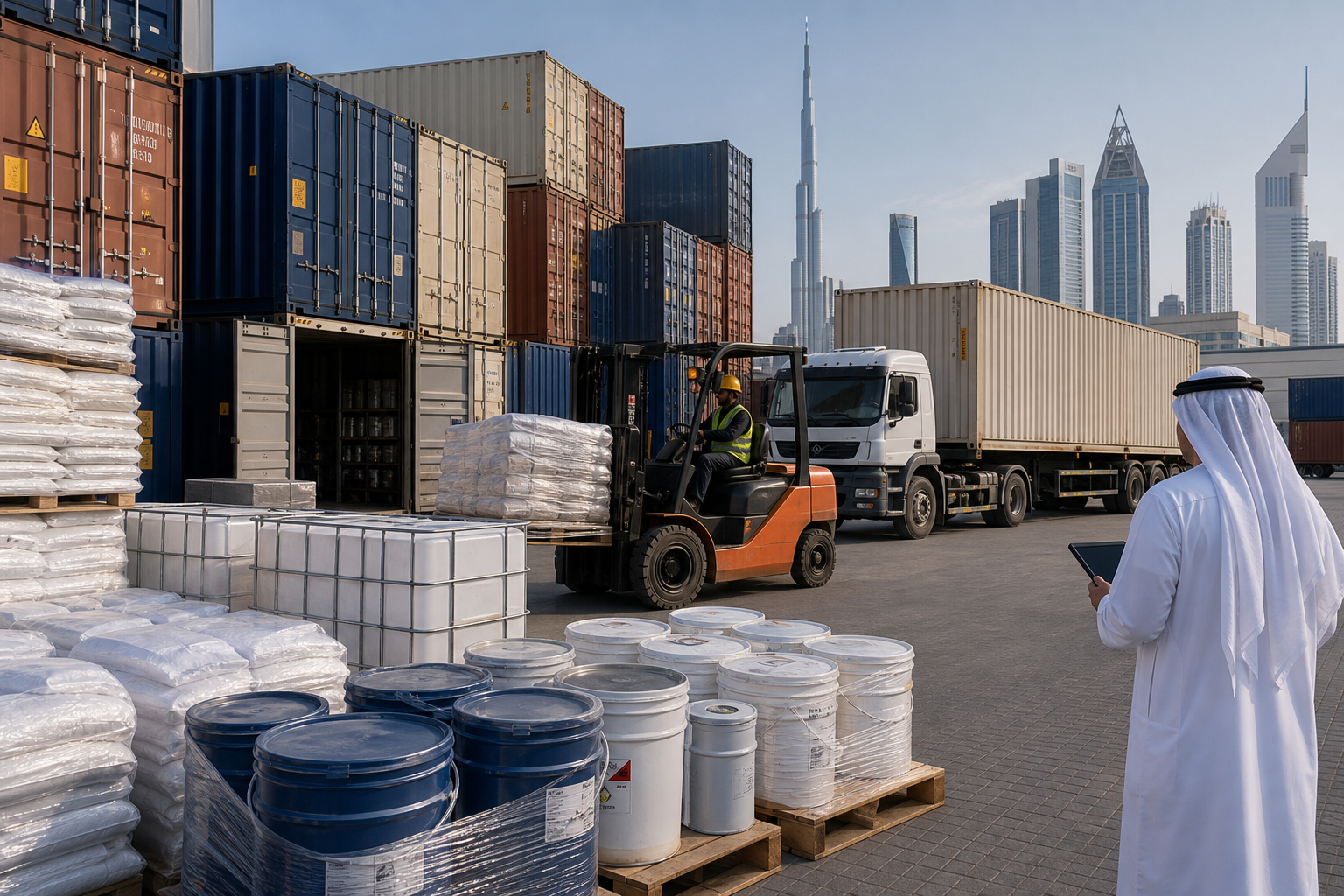 Container yard and industrial material handling scene with freight movement and construction-related supply context
