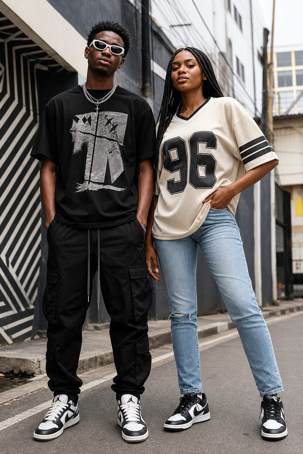Editorial streetwear scene featuring two young Nigerian models in layered urban outfits and sneakers on a Lagos side street