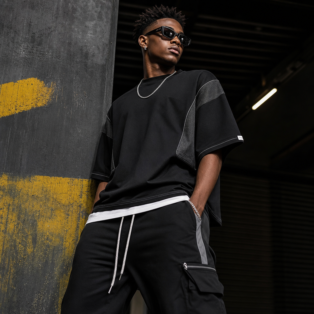 Confident young Nigerian streetwear model in layered tee, joggers, and clean sneakers on an urban Lagos street