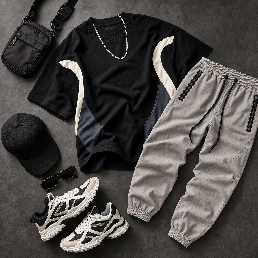 Flatlay of charcoal joggers, off-white round neck tee, and silver chain accessories
