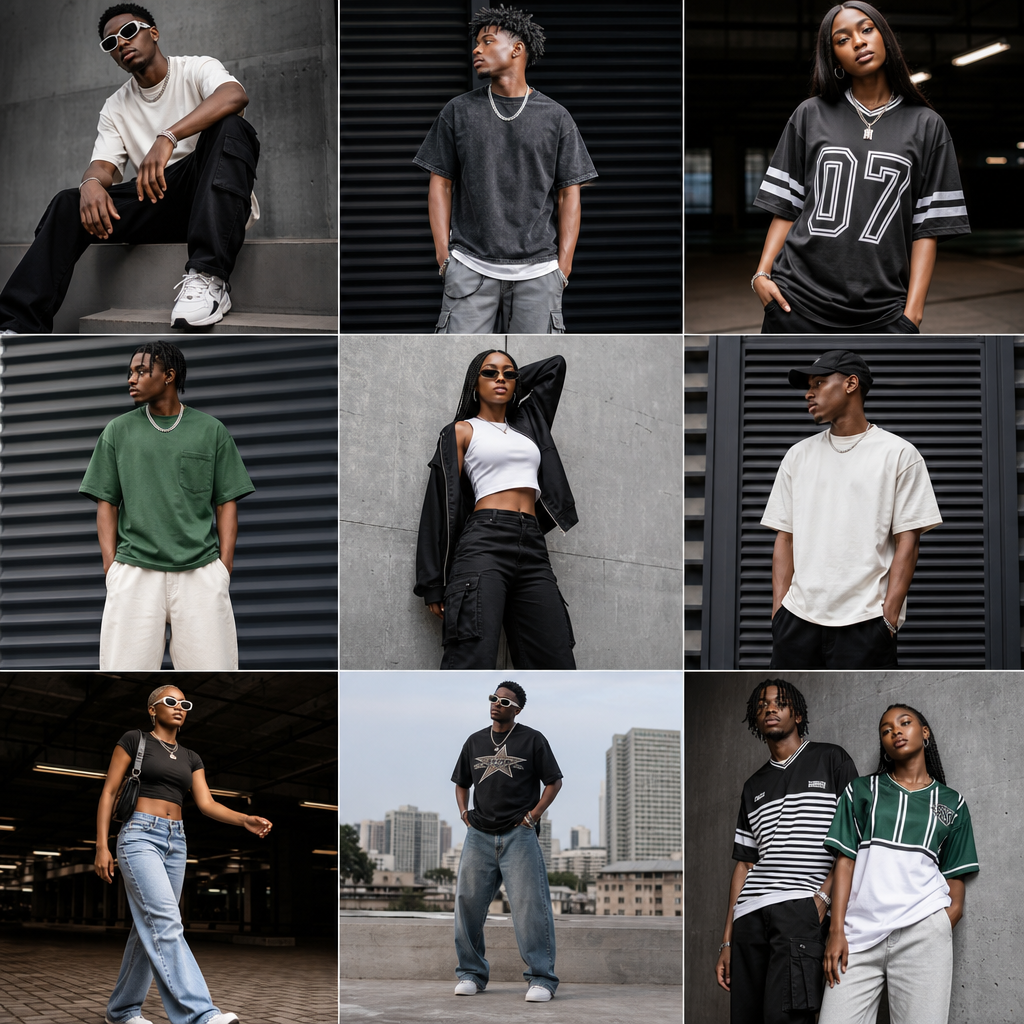 Lagos streetwear duo in layered black and ash outfits with bold sneakers on an urban wall backdrop