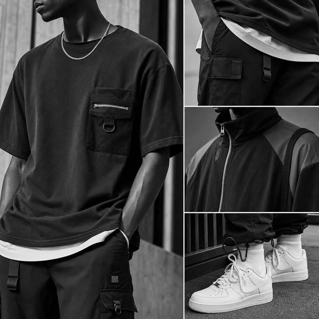 Monochrome low-top sneaker detail showing stitched leather, textured sole, and clean laces
