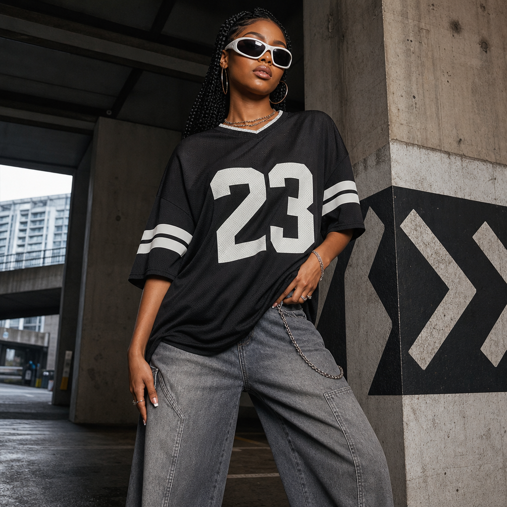 Young woman in oversized green football jersey and washed denim on a Lagos side street