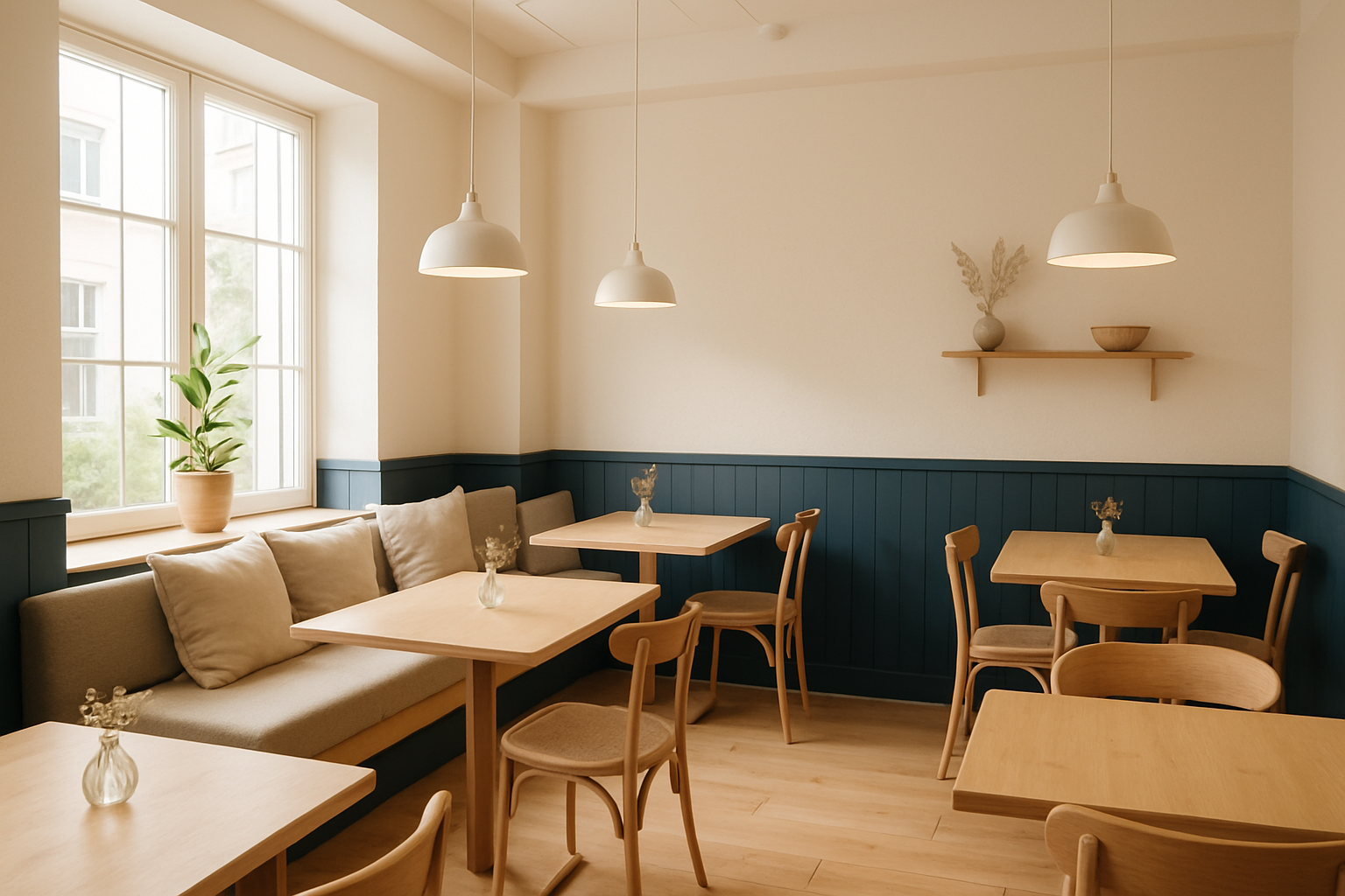 Warm Scandinavian cafe interior with light wood tables, deep navy accents, and soft daylight