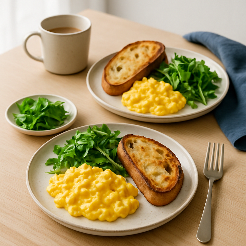 Breakfast plates with eggs, toast, and greens