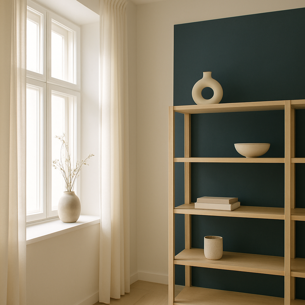 Bright interior detail with light wood and navy accents