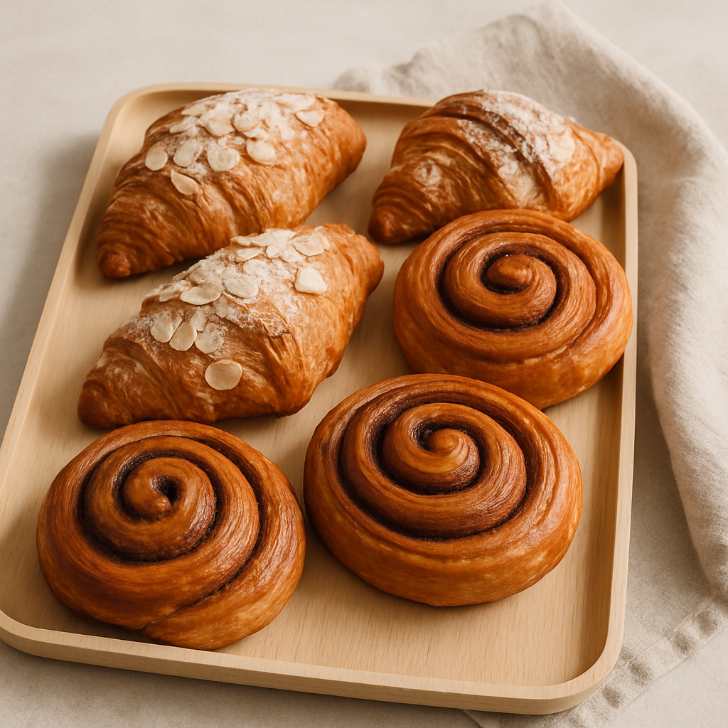 Assorted pastries on a light wood tray