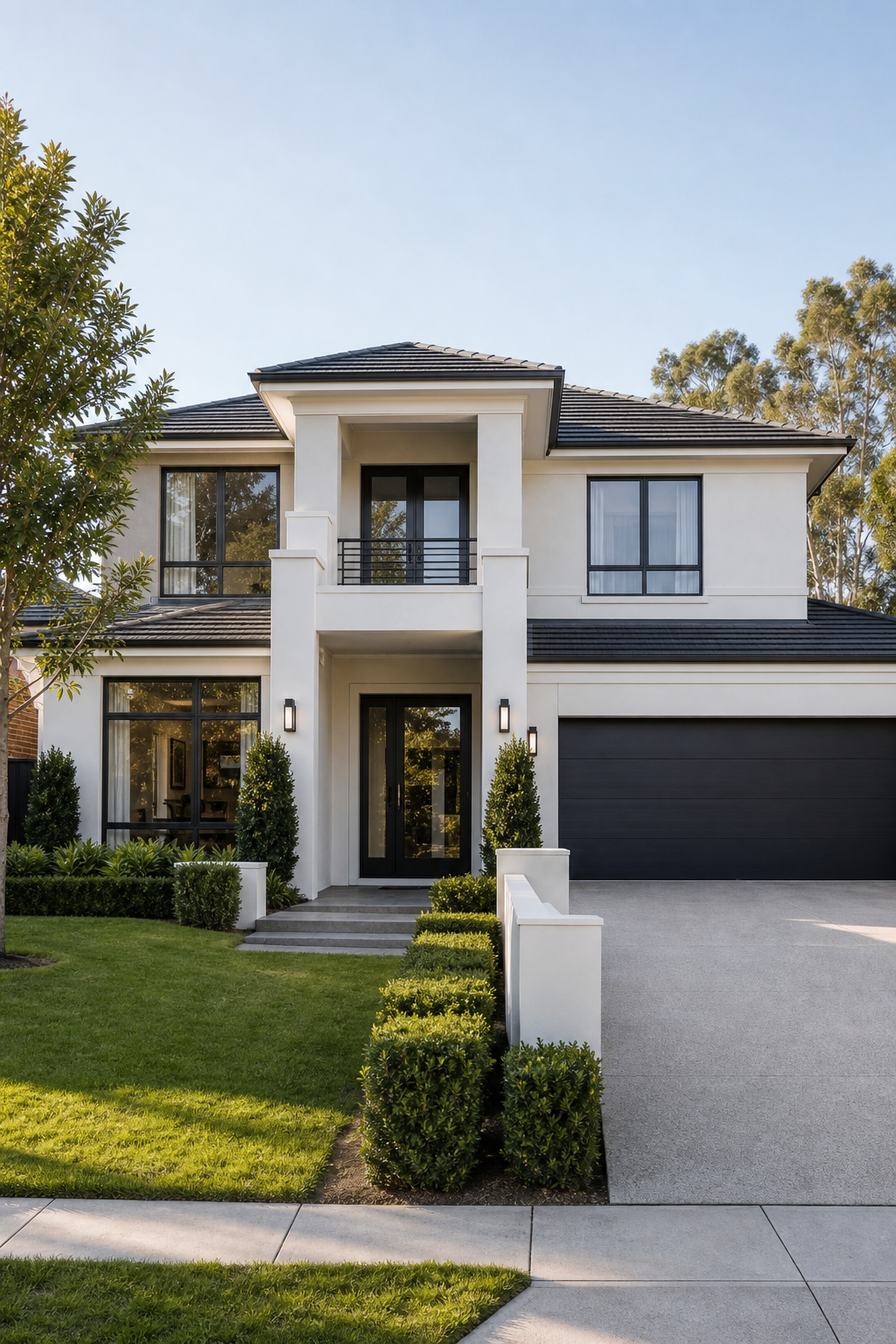 Editorial-style photograph of a polished modern suburban home exterior with clean landscaping and natural daylight