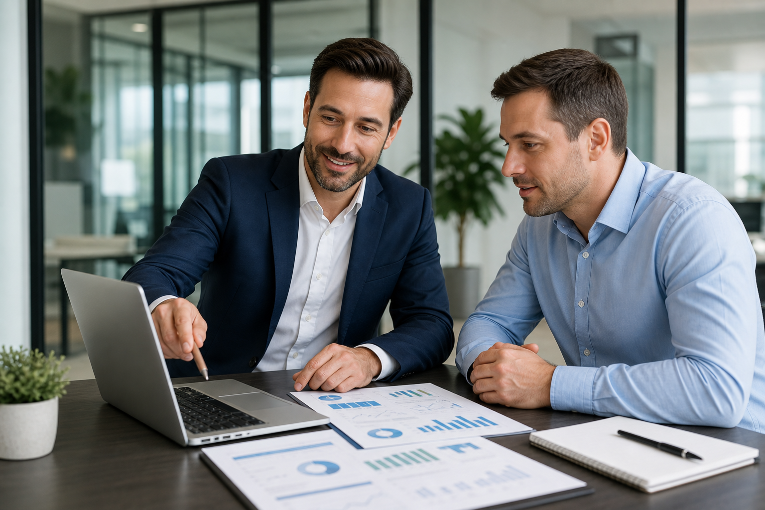 Professional accounting consultant reviewing financial dashboards with a business owner in a modern office
